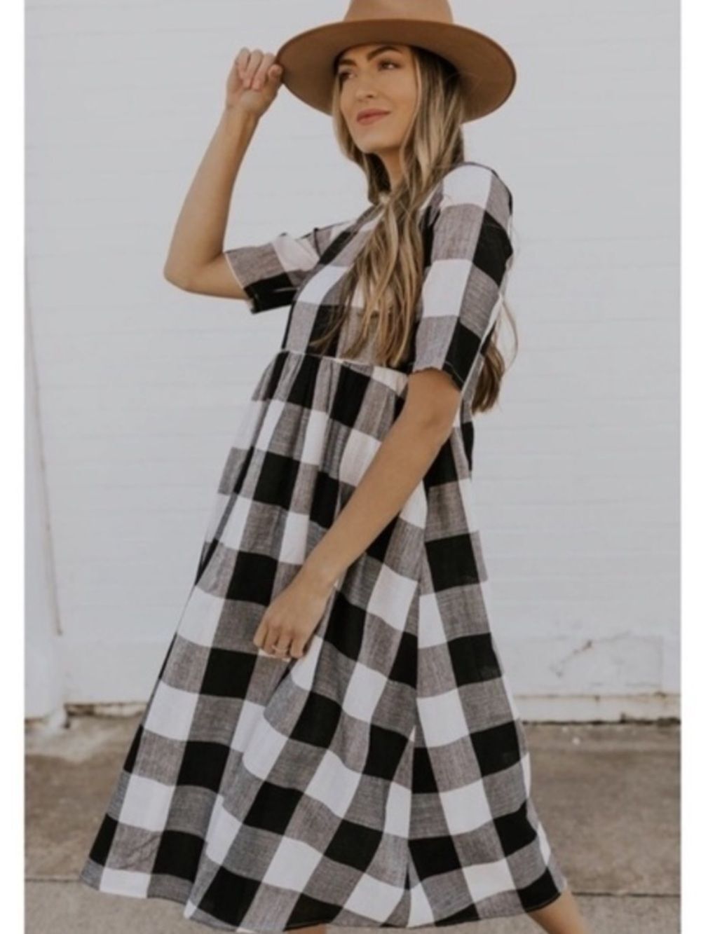 Roolee Maddie Buffalo Plaid Dress Black White Midi Side Pocket Short Sleeve Sz S